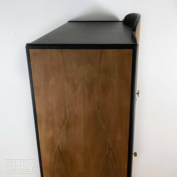 Bow Fronted Art Deco Style Vintage Wardrobe Tallboy in Walnut and Black-Wardrobe-Belton & Bumble