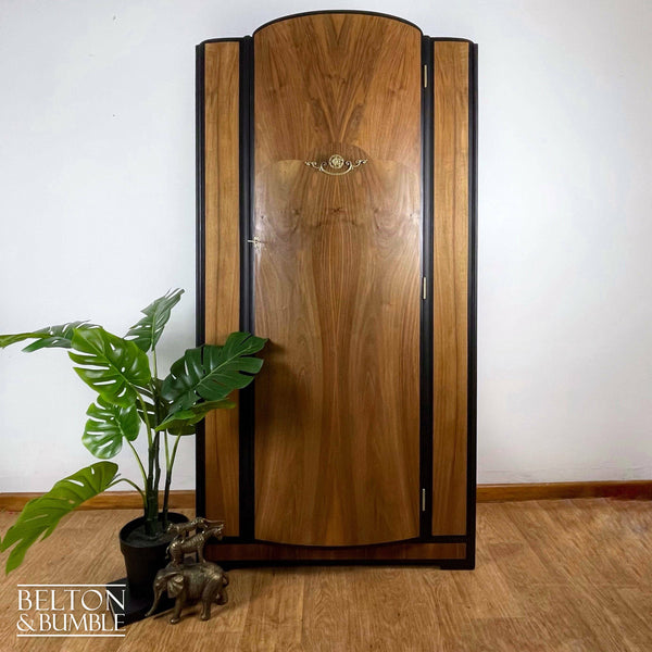 Bow Fronted Art Deco Style Vintage Wardrobe Tallboy in Walnut and Black-Wardrobe-Belton & Bumble