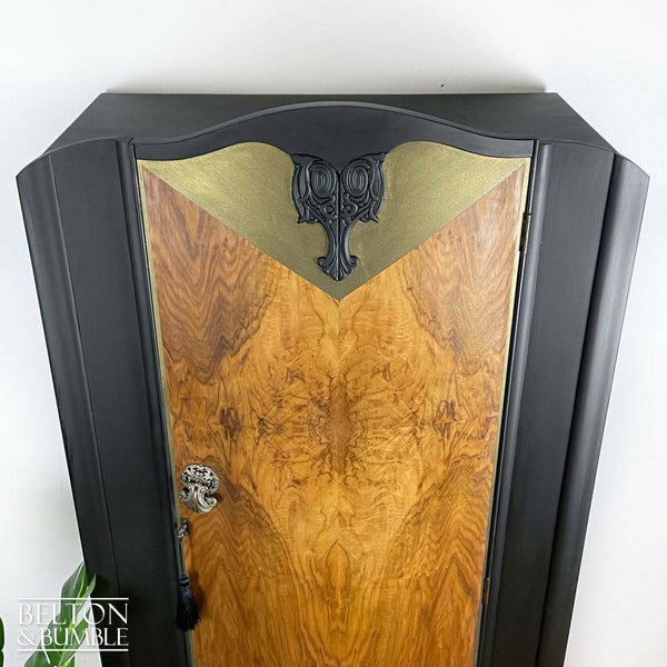 Bow Fronted Vintage Burr Walnut Wardrobe Tallboy in Black-Wardrobe-Belton & Bumble