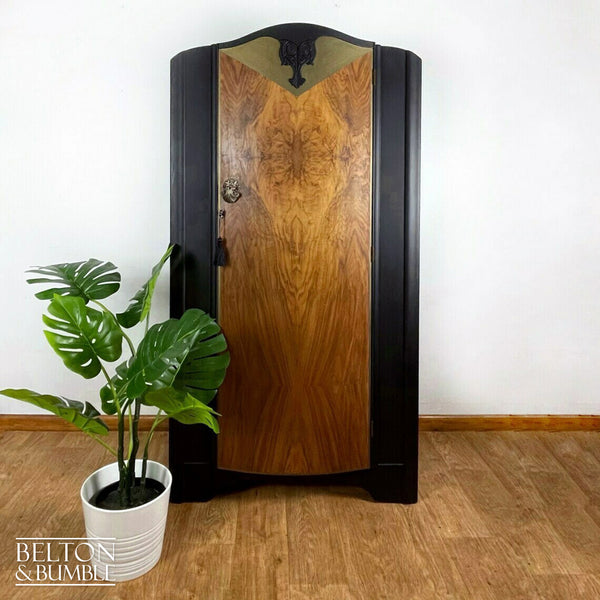 Bow Fronted Vintage Burr Walnut Wardrobe Tallboy in Black-Wardrobe-Belton & Bumble