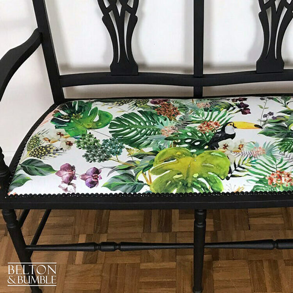 Chippendale Style Black Two Seater Bench with Tropical Print Fabric-Belton & Bumble