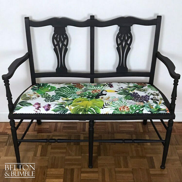 Chippendale Style Black Two Seater Bench with Tropical Print Fabric-Belton & Bumble