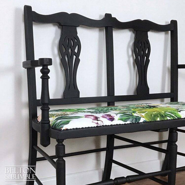 Chippendale Style Black Two Seater Bench with Tropical Print Fabric-Belton & Bumble