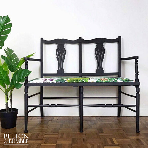 Chippendale Style Black Two Seater Bench with Tropical Print Fabric-Belton & Bumble