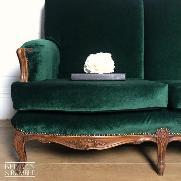 French Style Three Seater Sofa in Dark Green Velvet-Belton & Bumble