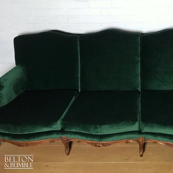 French Style Three Seater Sofa in Dark Green Velvet-Belton & Bumble