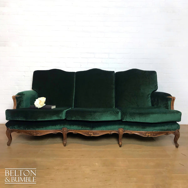French Style Three Seater Sofa in Dark Green Velvet-Belton & Bumble