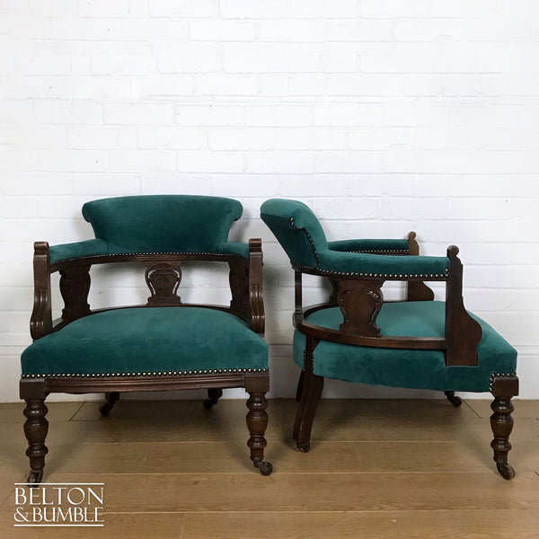 Green Velvet Victorian Mahogany Set of Two Matching Lounge Chairs Reupholstered In Green Velvet-Belton & Bumble