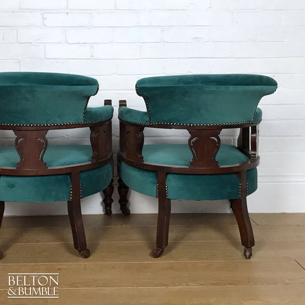 Green Velvet Victorian Mahogany Set of Two Matching Lounge Chairs Reupholstered In Green Velvet-Belton & Bumble