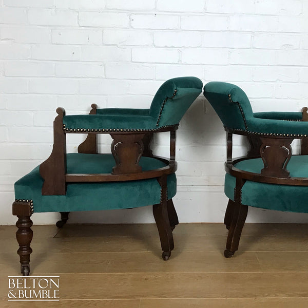 Green Velvet Victorian Mahogany Set of Two Matching Lounge Chairs Reupholstered In Green Velvet-Belton & Bumble