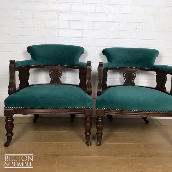 Green Velvet Victorian Mahogany Set of Two Matching Lounge Chairs Reupholstered In Green Velvet-Belton & Bumble