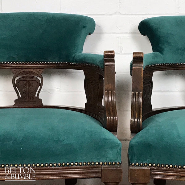Green Velvet Victorian Mahogany Set of Two Matching Lounge Chairs Reupholstered In Green Velvet-Belton & Bumble
