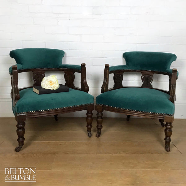 Green Velvet Victorian Mahogany Set of Two Matching Lounge Chairs Reupholstered In Green Velvet-Belton & Bumble