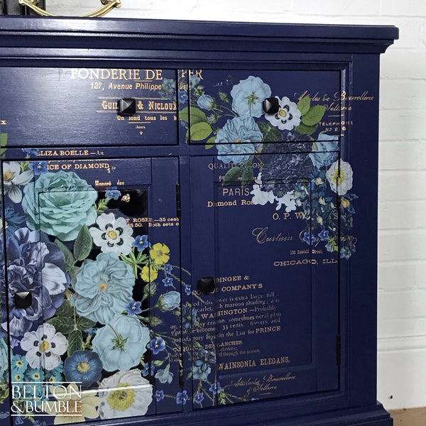 Navy Blue Sideboard and Bottle Storage with Floral Design-Belton & Bumble