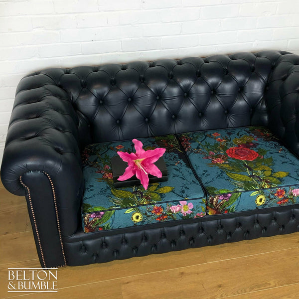 Two Seater Chesterfield Sofa in Navy with Timorous Beasties Seat Pads-Belton & Bumble