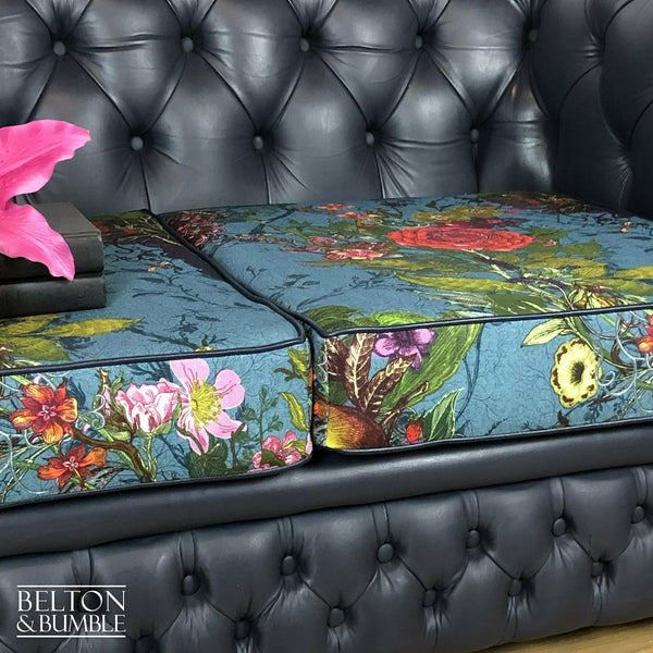 Two Seater Chesterfield Sofa in Navy with Timorous Beasties Seat Pads-Belton & Bumble