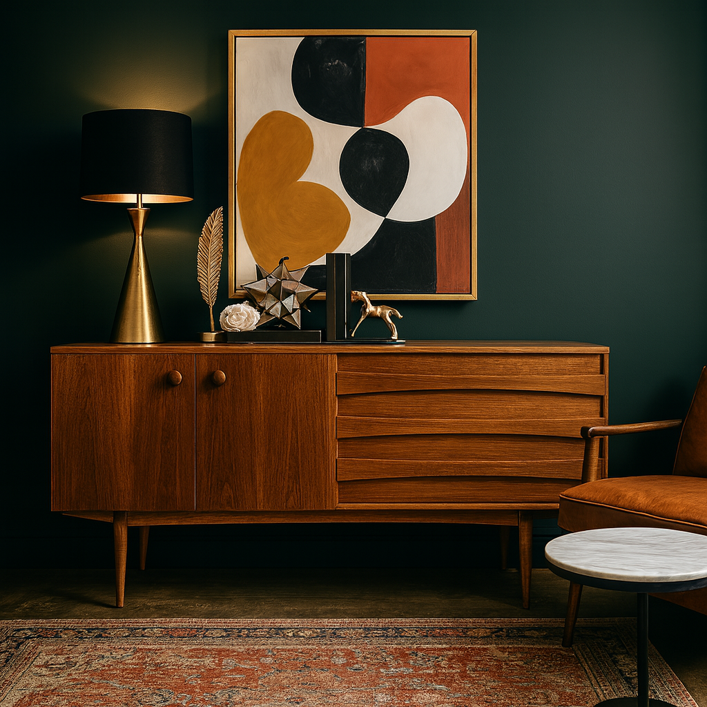 Mid-century modern sideboard with gold lamp and abstract art – Upcycled wooden sideboard styled in a bold and dramatic modern living room.