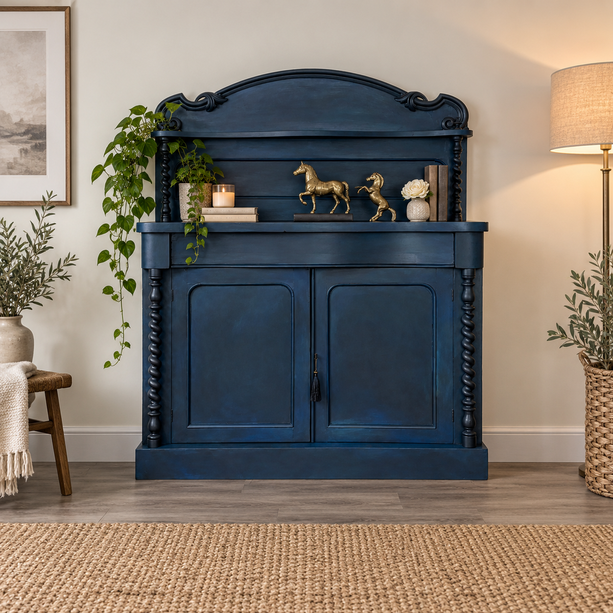 Restored statement furniture styled as a colourful focal point in a contemporary home.