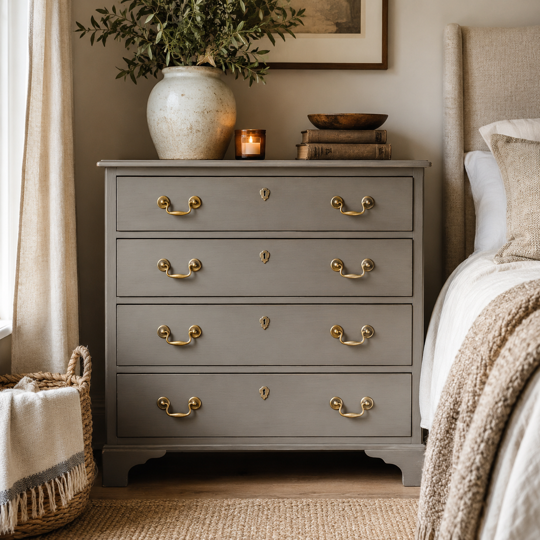 Vintage chest of drawers with elegant brass handles styled in a neutral bedroom with soft furnishings, ceramic vase, books and warm natural décor.