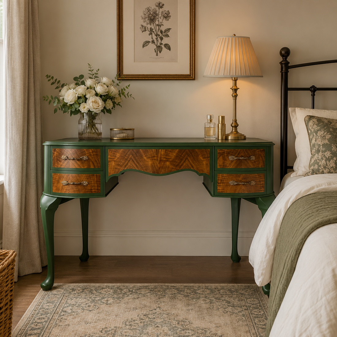 Vintage green dressing table with a rich walnut chevron veneer, brass handles and elegant cabriole legs, styled in a neutral bedroom beside a black metal bed with sage green bedding. 
