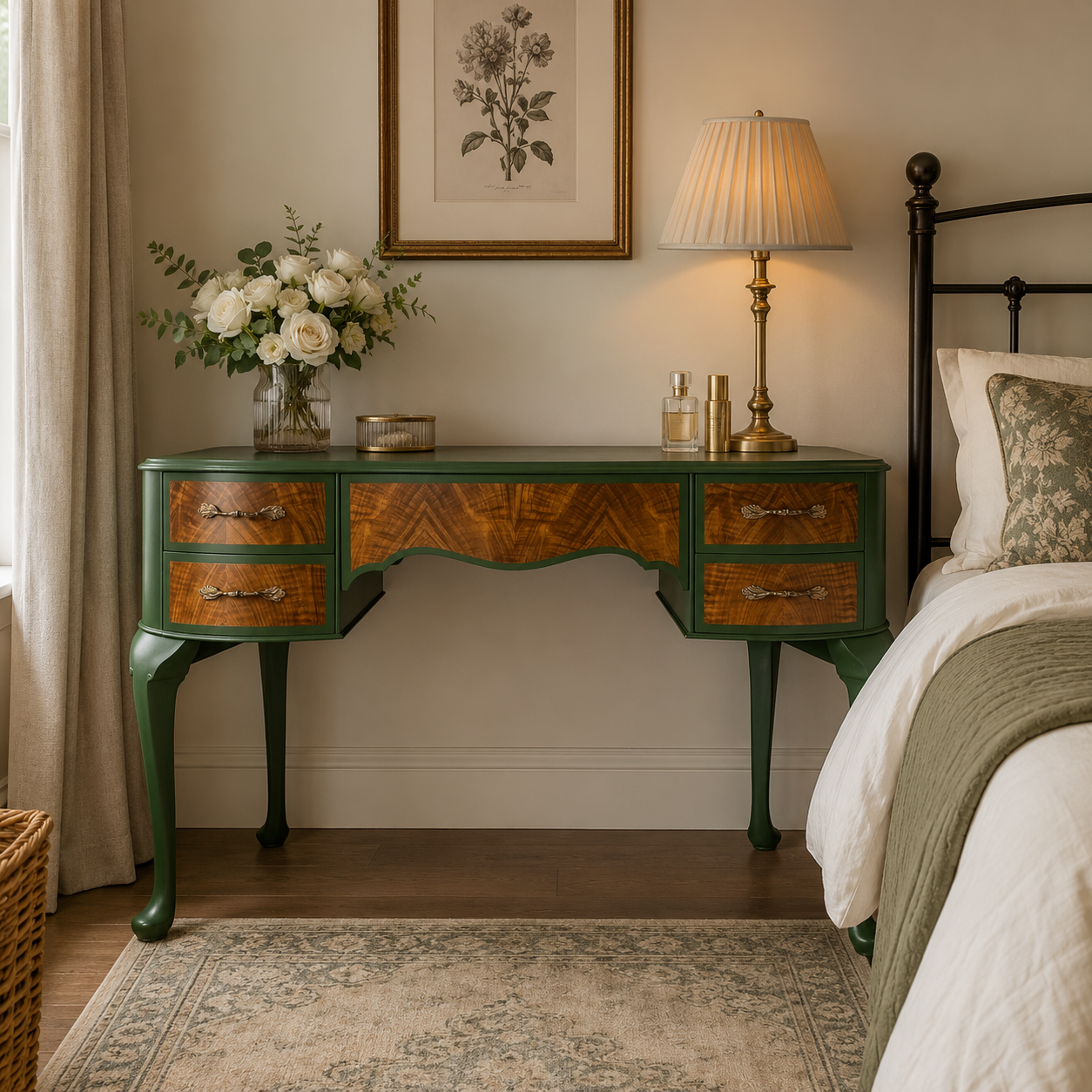 Vintage green dressing table with a rich walnut chevron veneer, brass handles and elegant cabriole legs, styled in a neutral bedroom beside a black metal bed with sage green bedding. 