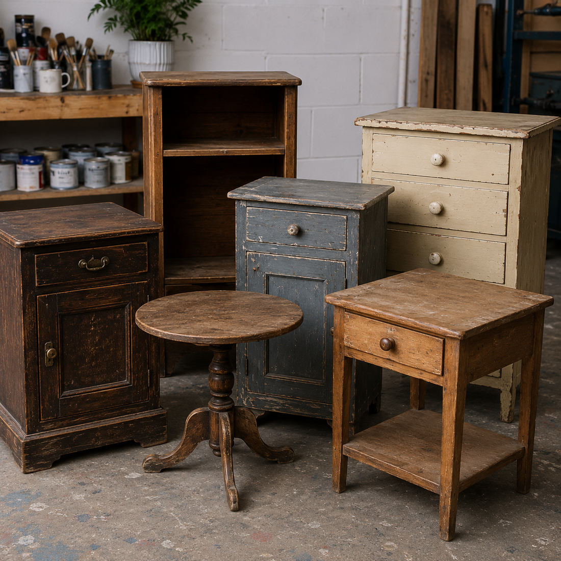 Vintage wooden bedside tables, cabinets and side tables arranged in a furniture restoration workshop, ready for upcycling, with paint supplies and tools visible in the background.