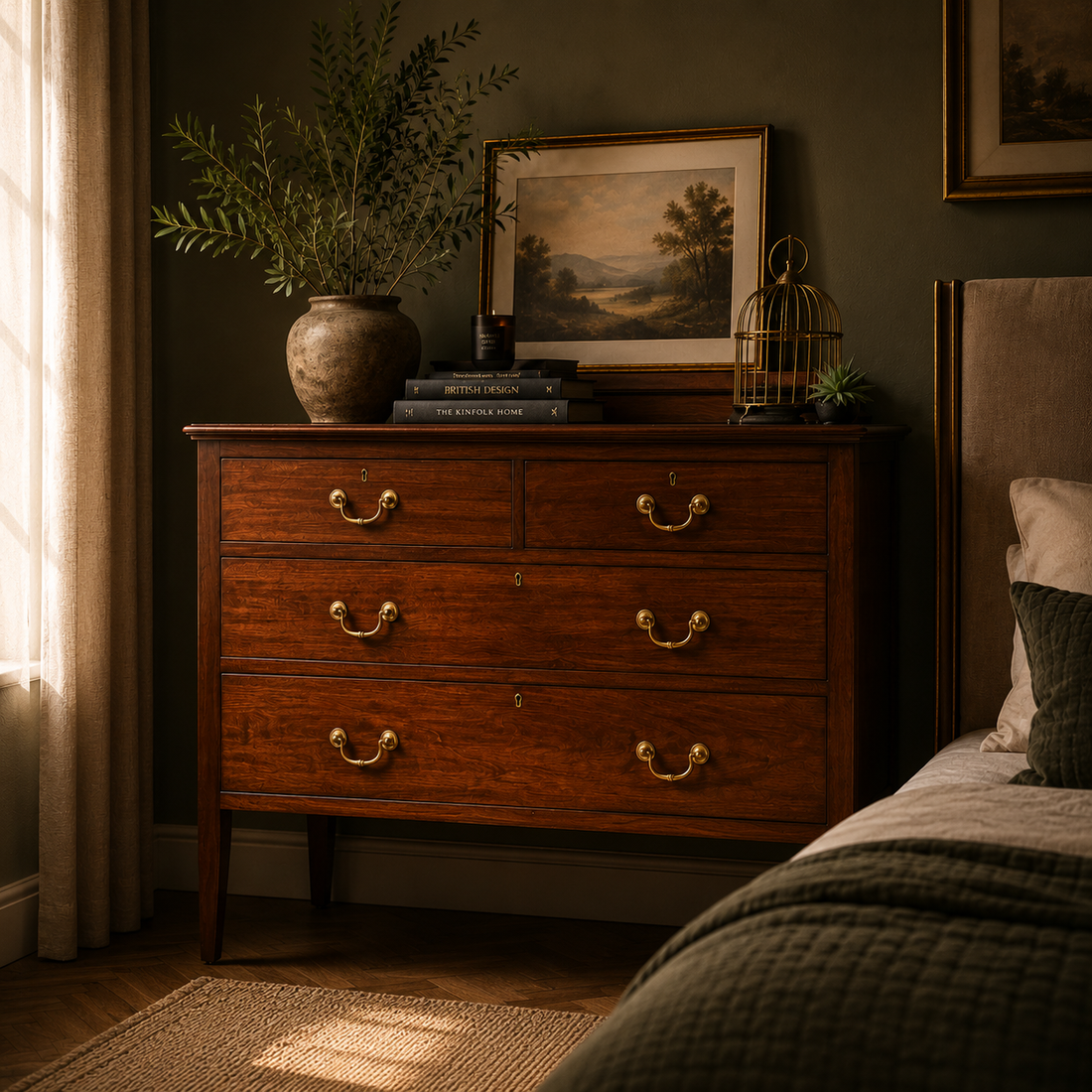 Vintage mahogany chest of drawers styled in a warm, elegant bedroom with brass handles, soft natural light, neutral bedding, framed artwork, and botanical décor.