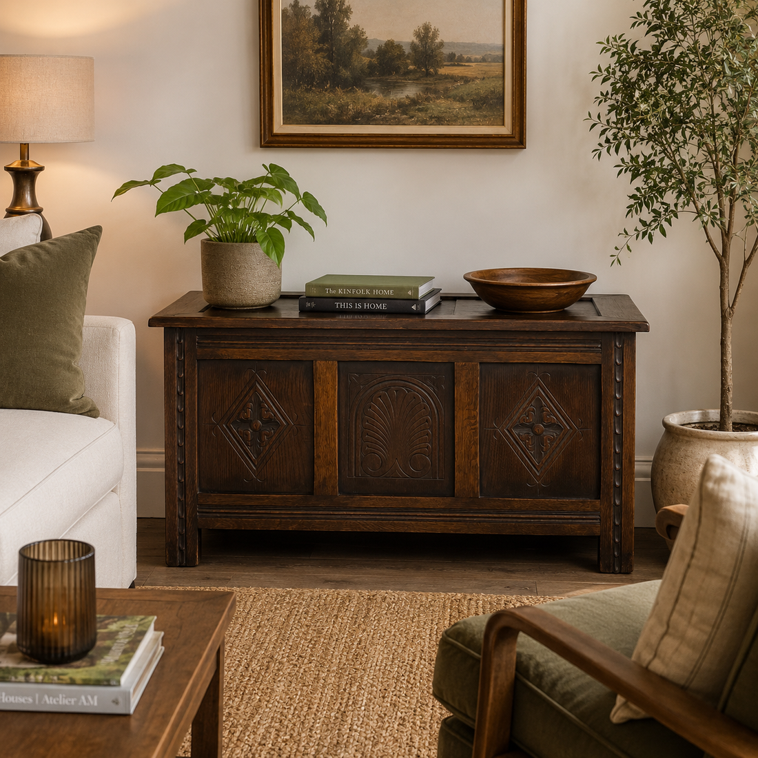 Vintage carved oak storage chest styled in a warm, traditional living room with neutral furnishings, natural textures, botanical accents, and classic artwork.