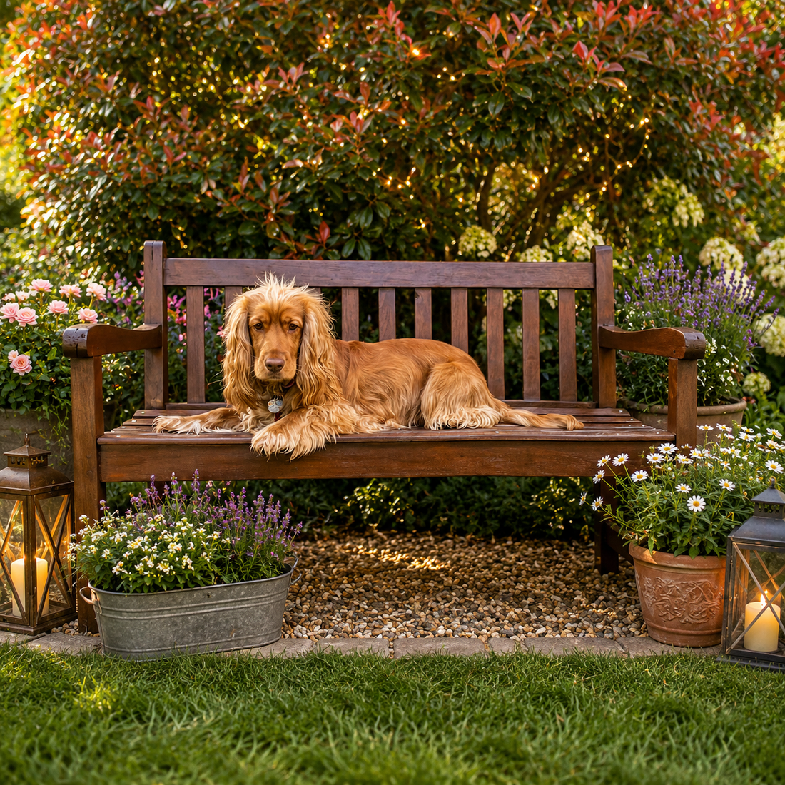  Golden cocker spaniel relaxing on a dark wooden garden bench surrounded by flowering plants, lanterns, and warm fairy lights in a beautifully styled outdoor garden setting.