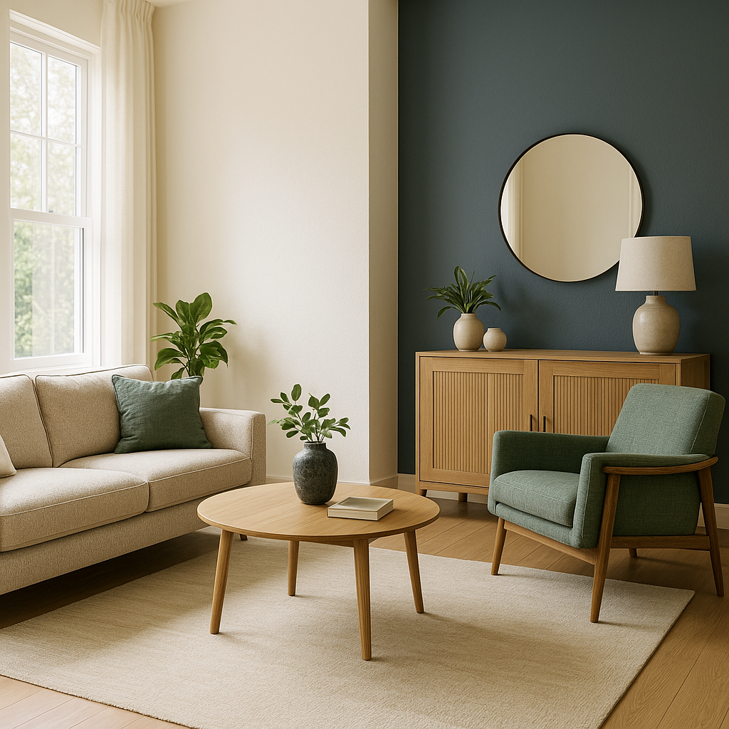 Balanced living room with natural light, beige sofa, restored wooden coffee table, green accent chair, and deep blue feature wall, reflecting how room layouts and design influence mood and behaviour