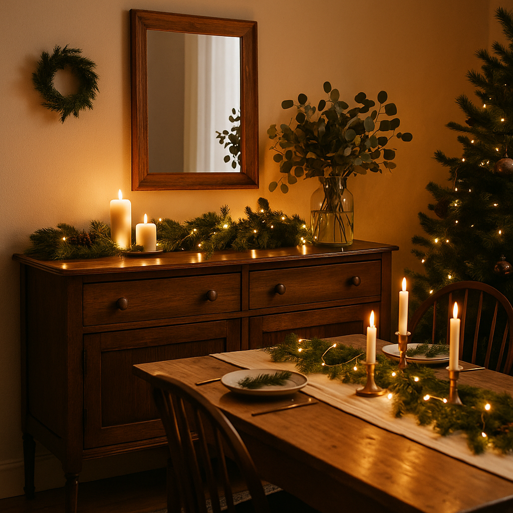 Restored wooden sideboard and dining table decorated with fairy lights, greenery, and candles for a warm and festive Christmas interior