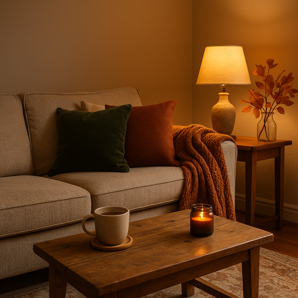 Cosy autumn living room styled on a budget with knitted throw on sofa, glowing lamp, and rustic coffee table with tea, reflecting Belton & Bumble’s affordable interior tips.
