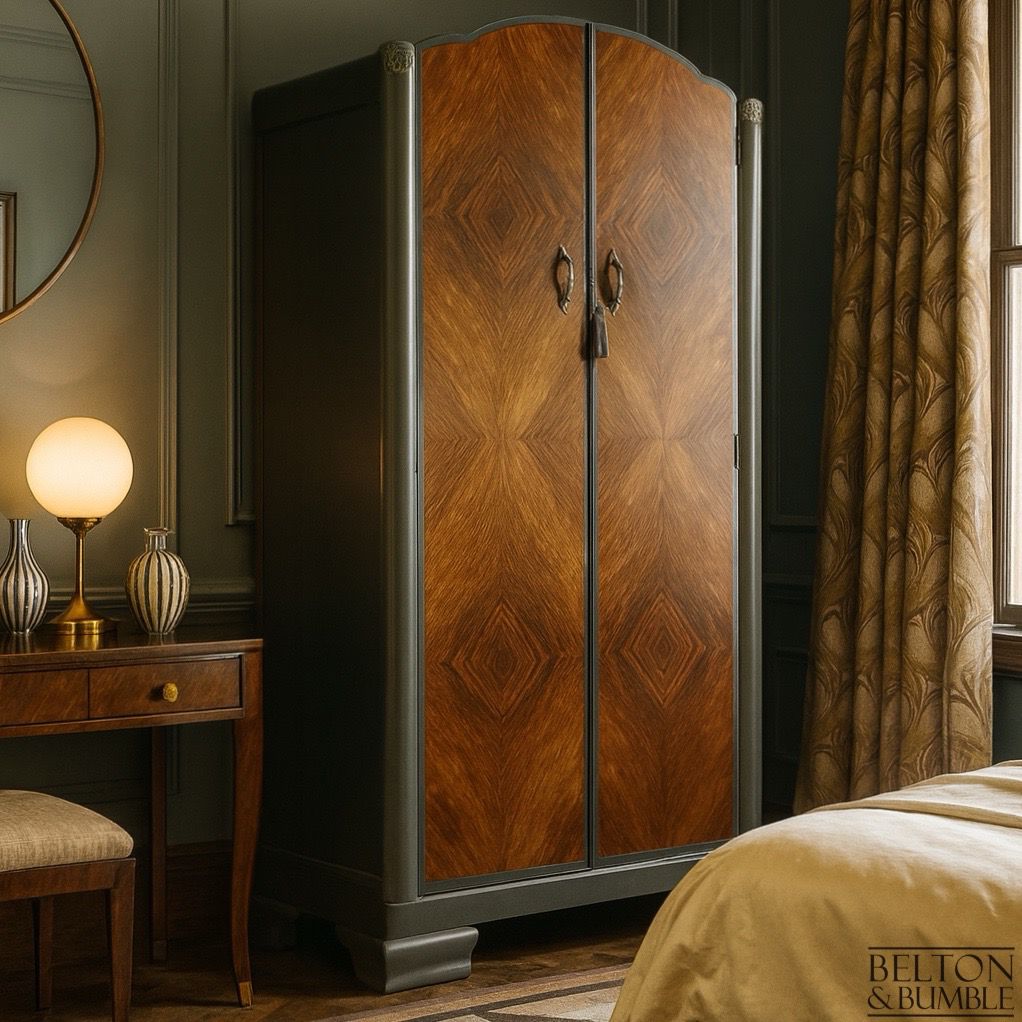 Restored vintage wardrobe styled in a classic bedroom setting with warm lighting and mid-century furniture.