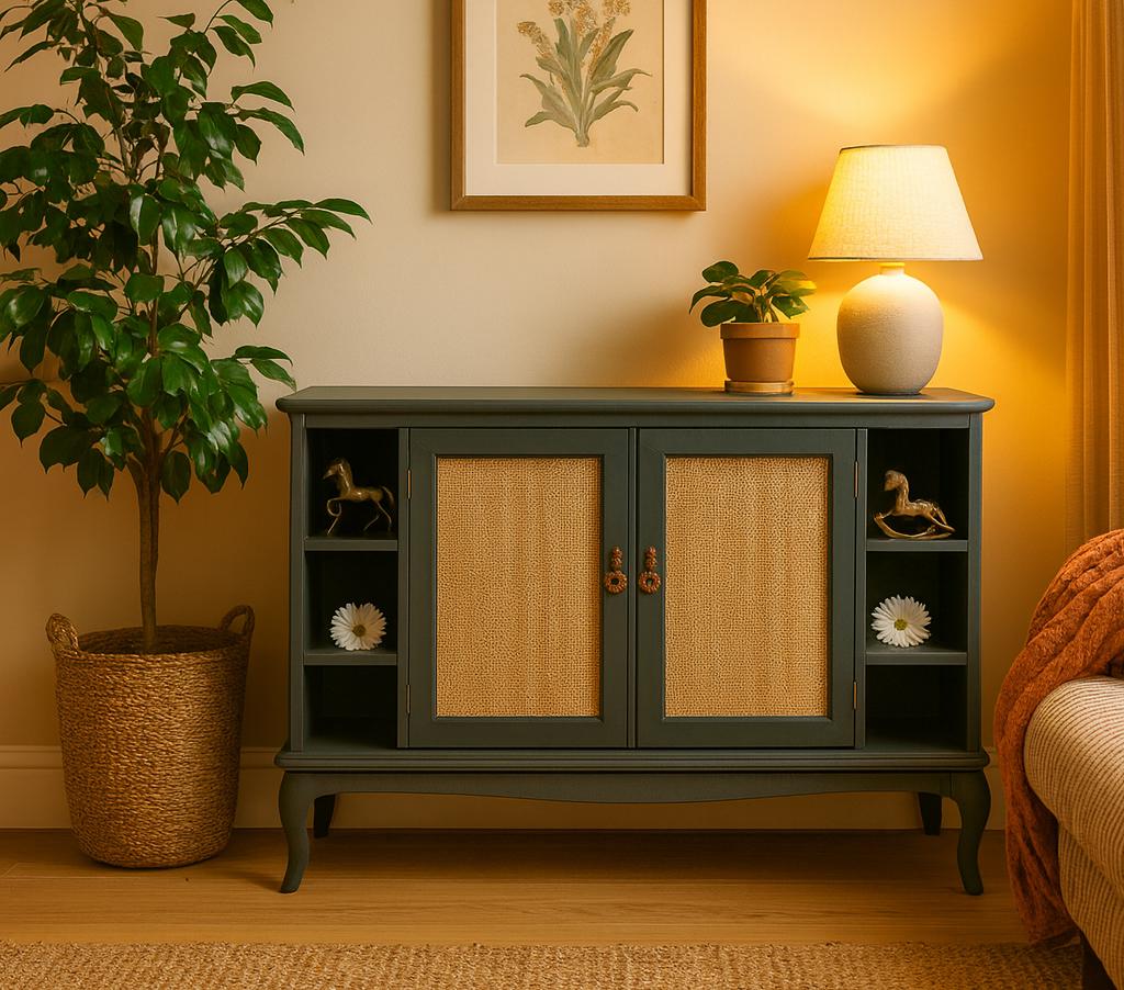 Upcycled green sideboard with cane-front doors styled in a living room interior with plants and warm lighting.