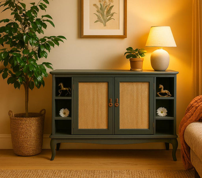Upcycled green sideboard with cane-front doors styled in a living room interior with plants and warm lighting.