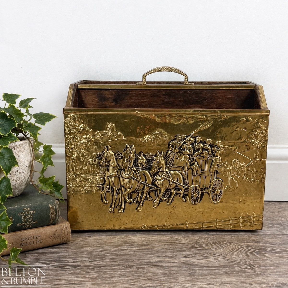Vintage Brass Coaching Scene Magazine Rack by Lombard