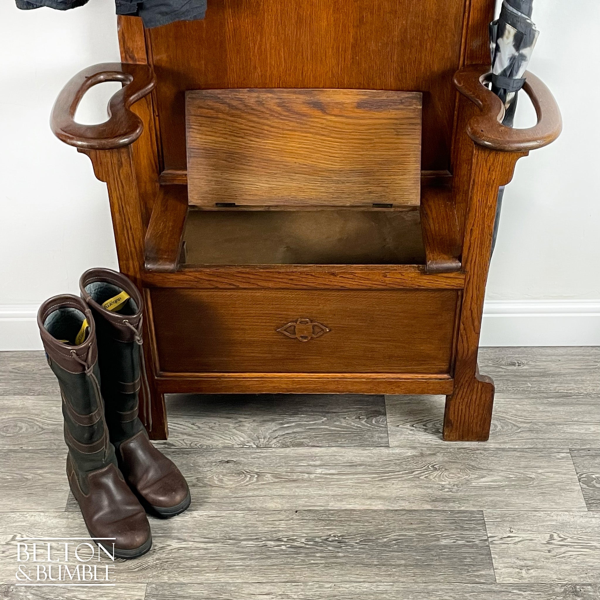 Oak Hallway Stand With Mirror, Coat Hooks, Umbrella Holders, And Lift Lid Storage Bench-Belton & Bumble