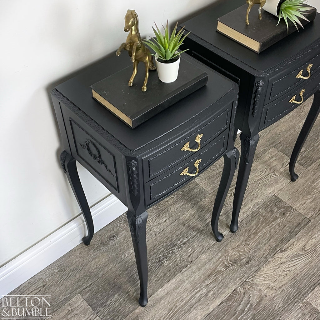 Vintage Double Door Armoire Wardrobe & Bedside Drawers in Black-Bedroom Set-Belton & Bumble