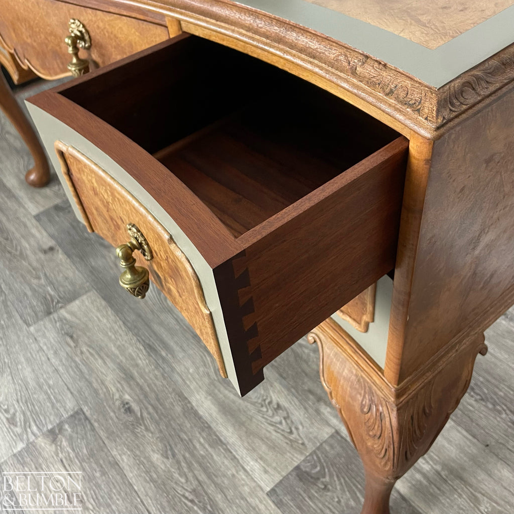Large Cherry & Burr Cut Veneer Desk / Dressing Table in Green Grey-Belton & Bumble