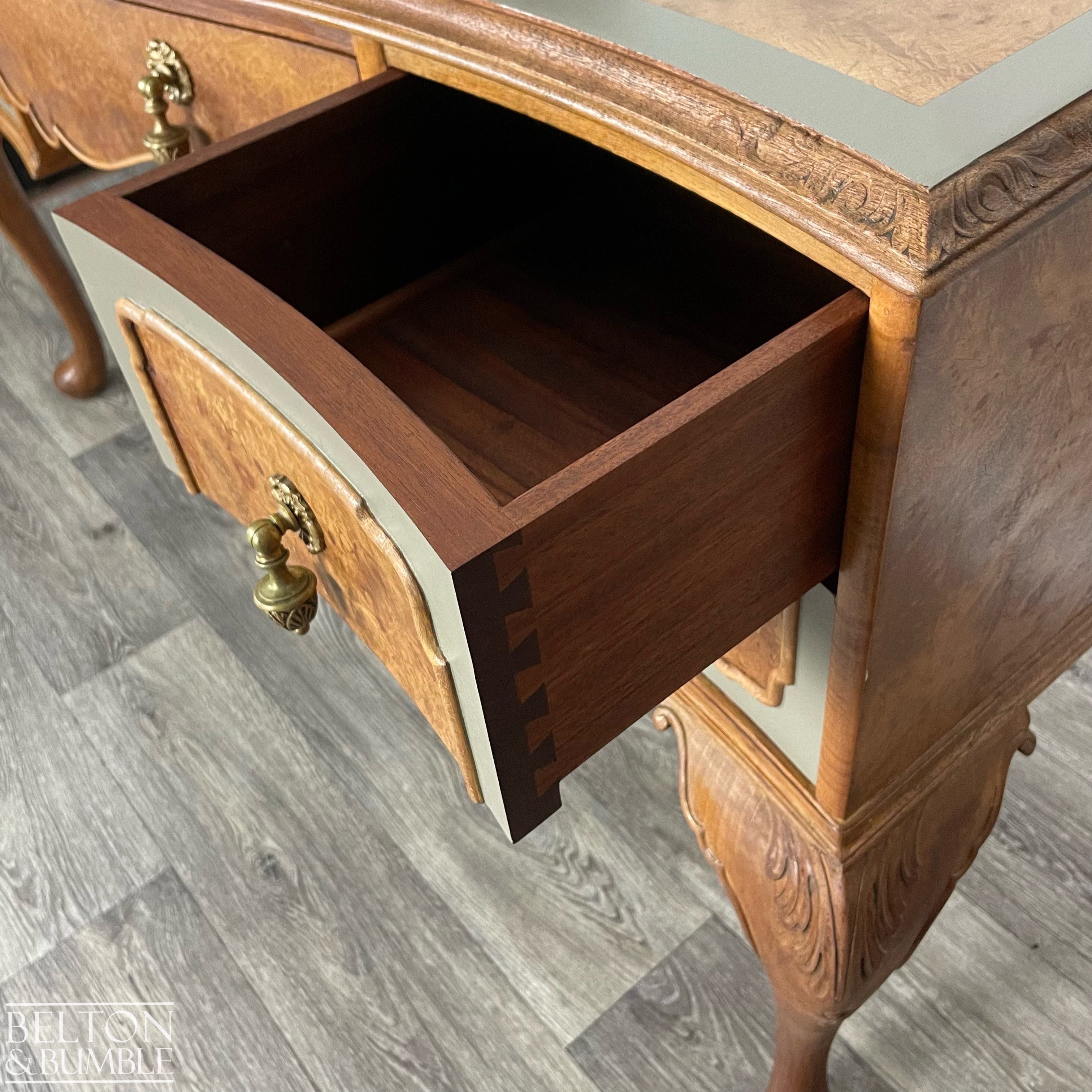 Large Cherry & Burr Cut Veneer Desk / Dressing Table in Green Grey-Belton & Bumble