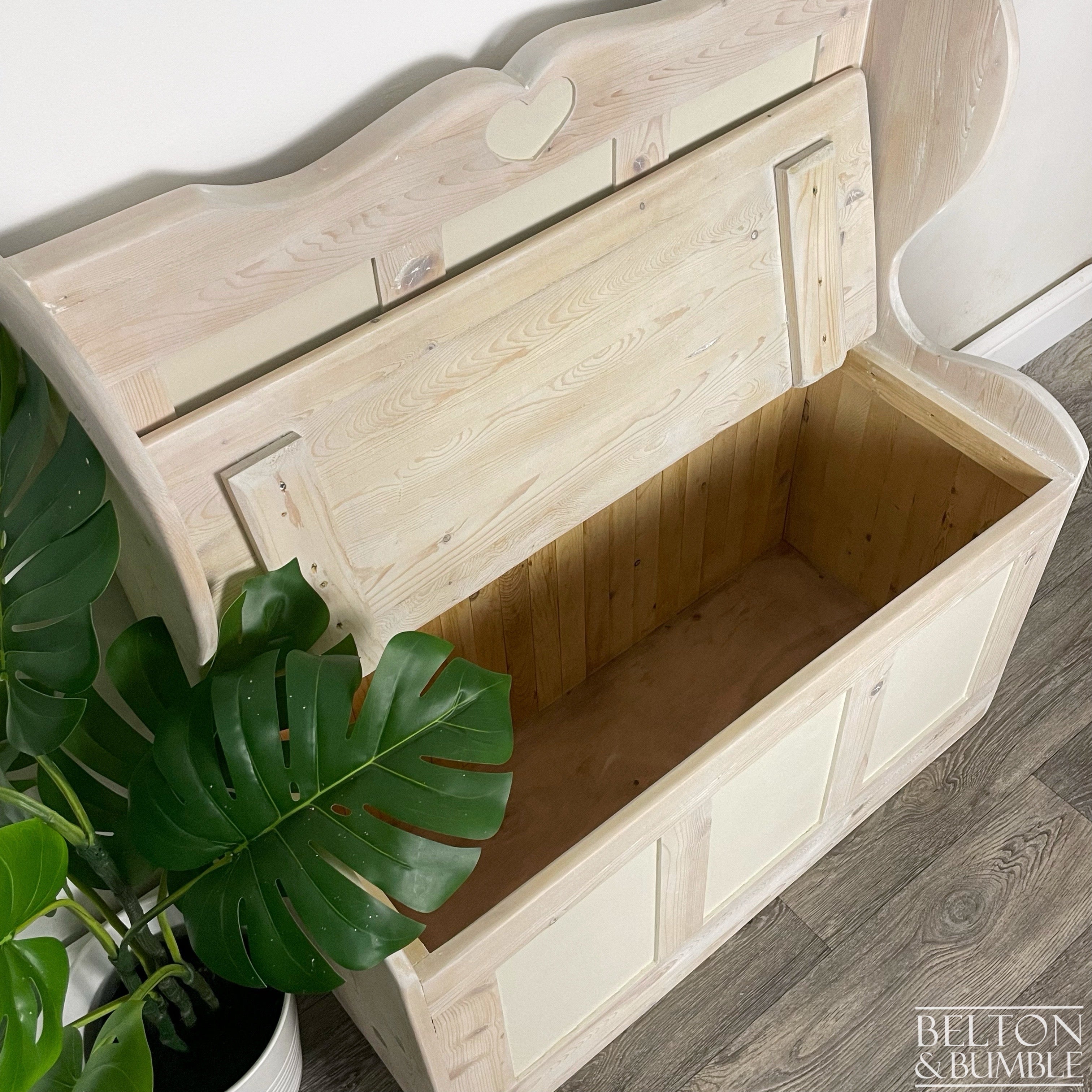 Pine Lift Lid Storage Bench Pew with a White Wash Weathered Finish-Belton & Bumble