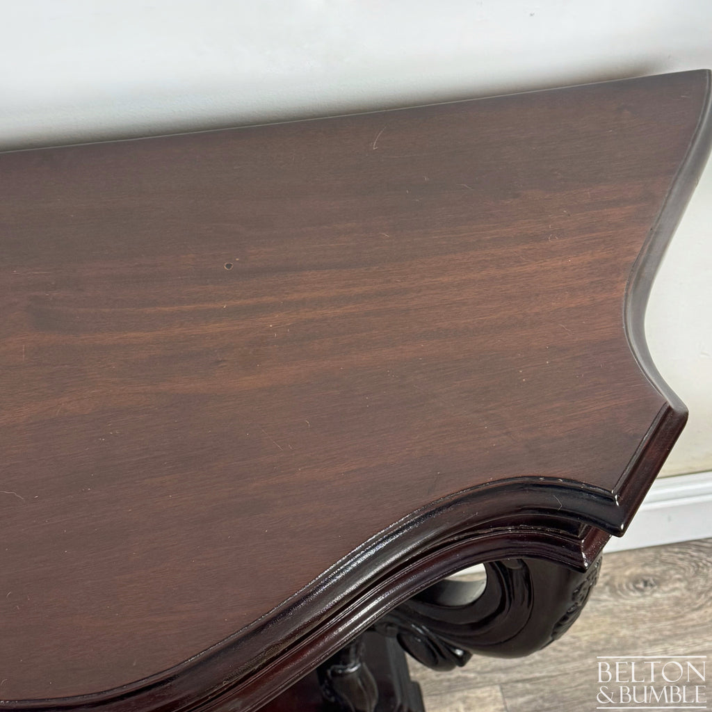 Reproduction Victorian Mahogany Serpentine Hallway Console Table with Carved Scroll Detail