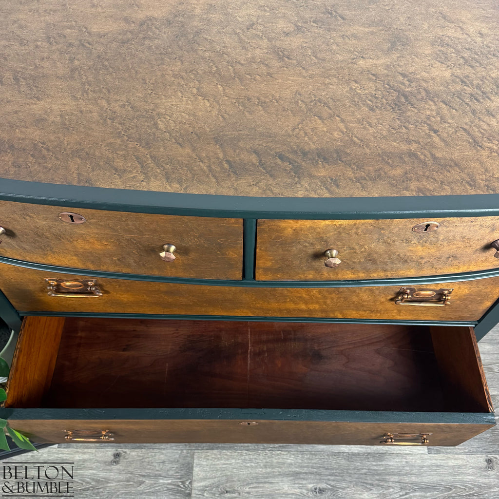 Bow Fronted Four Drawer Bird’s Eye Maple Chest of Drawers in Green