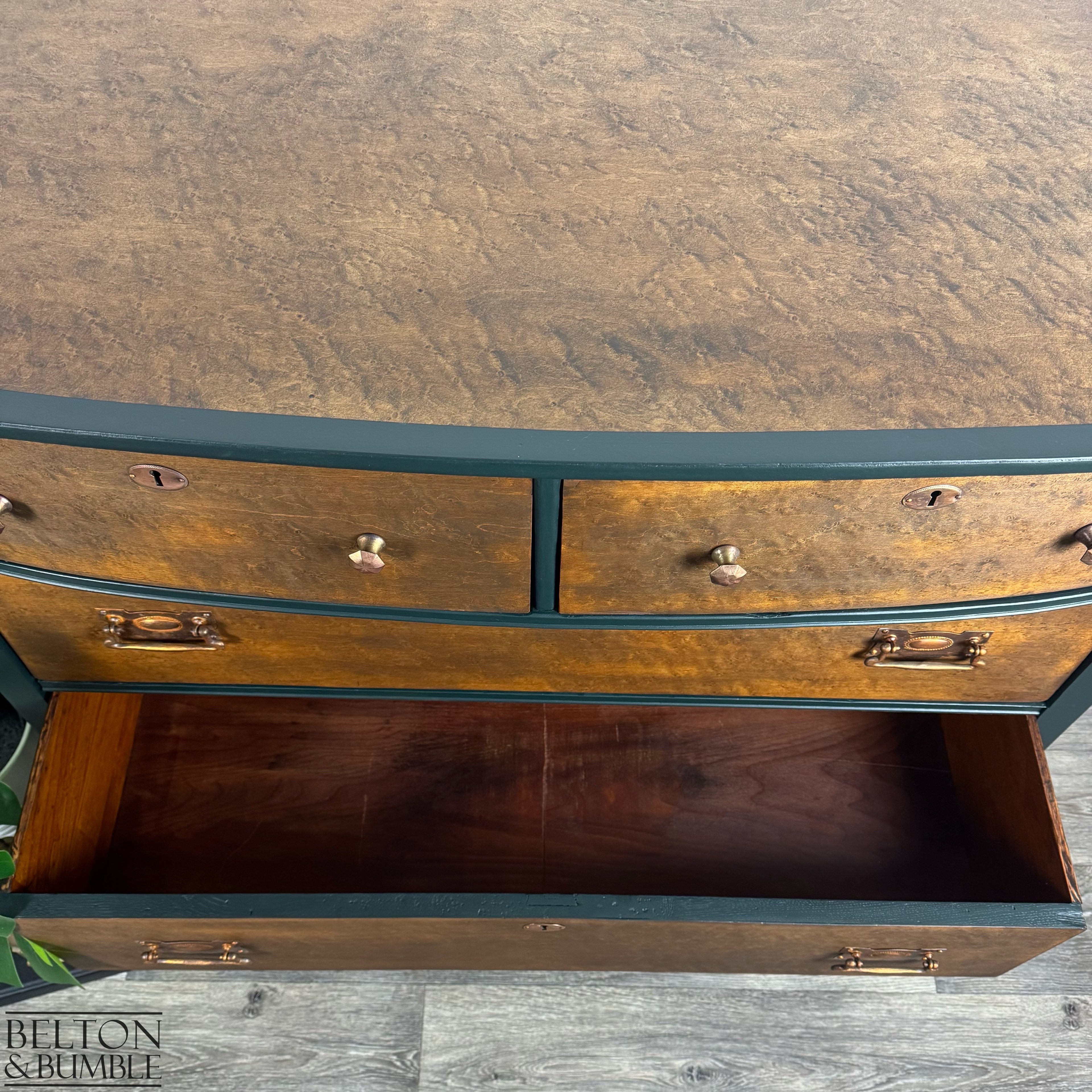 Bow Fronted Four Drawer Bird’s Eye Maple Chest of Drawers in Green