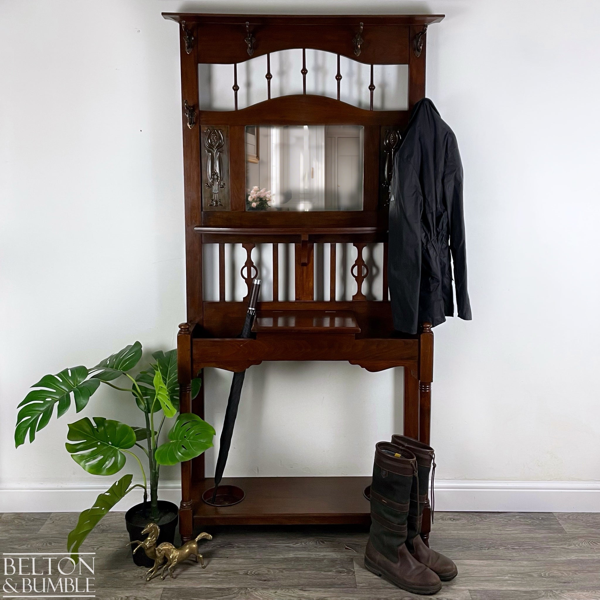 Art Nouveau Hallway Stand with Mirror, Coat Hooks, Umbrella Holders, and Lift Lid Storage-Belton & Butler