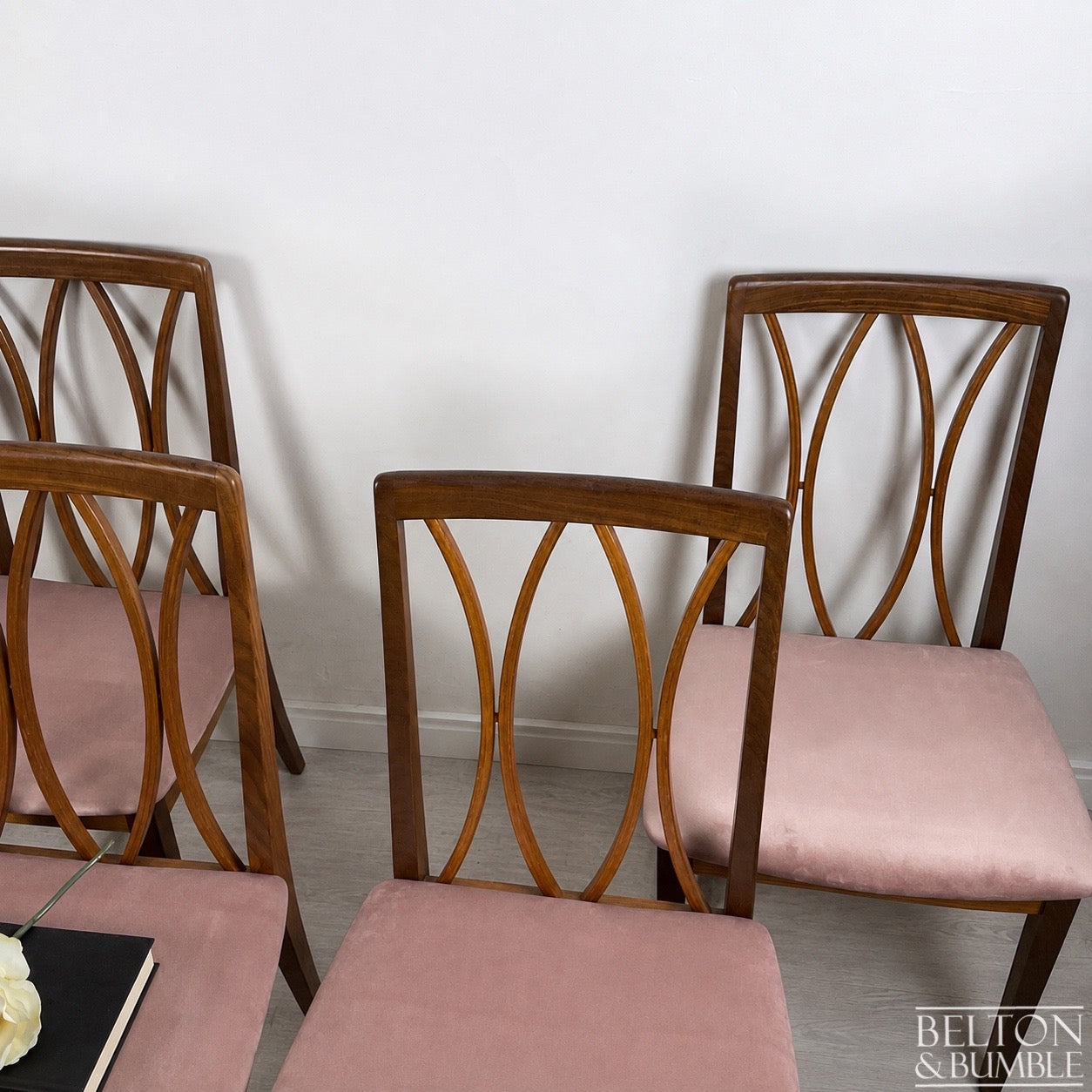 Set of Four Modern G-Plan Curve Back Teak & Afrormosia Dining Chairs by E. Gomme with Dusky Pink Velvet, 1970’s