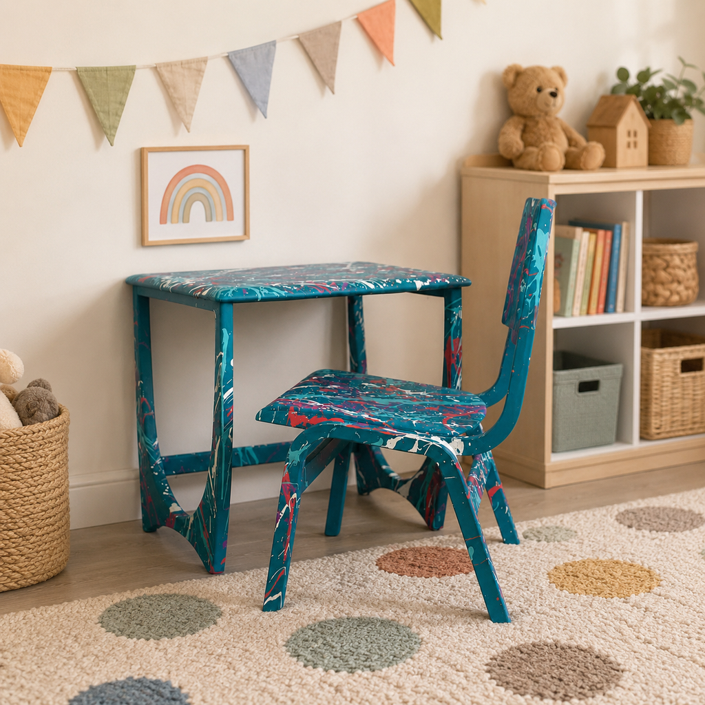 Teal Paint-Splattered Children’s Table & Chair Set