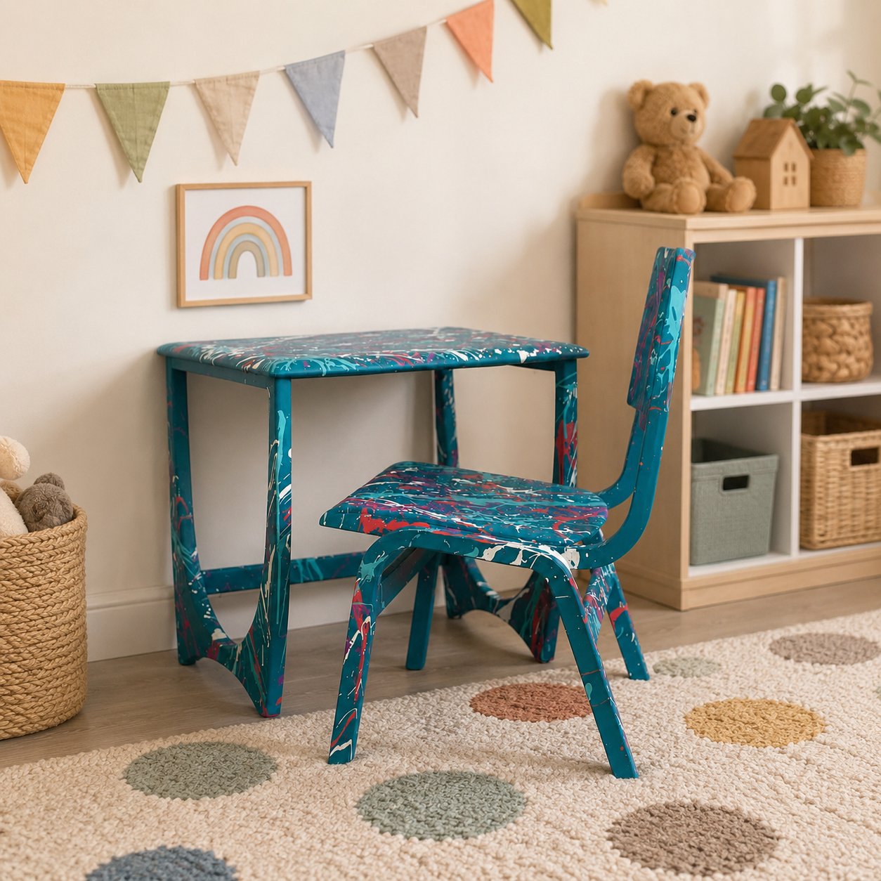 Teal Paint-Splattered Children’s Table & Chair Set