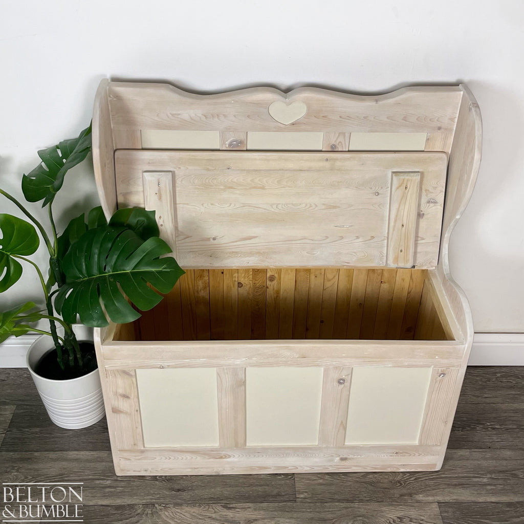 Pine Lift Lid Storage Bench Pew with a White Wash Weathered Finish-Belton & Bumble