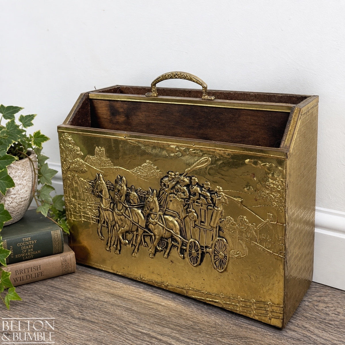 Vintage Brass Coaching Scene Magazine Rack by Lombard